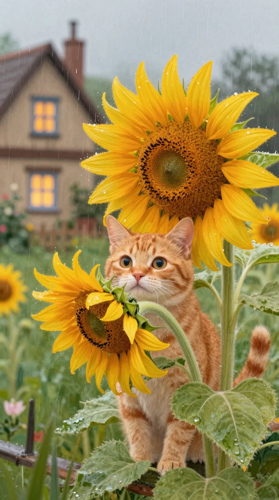 Rote Katze, die in einem regnerischen Garten unter einer Sonnenblume Schutz sucht