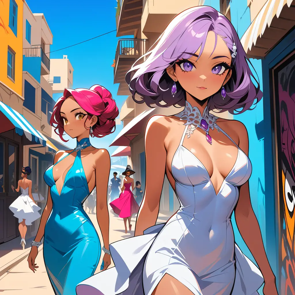 Femmes aux cheveux lilas en robes de salsa bleues à un déjeuner en bord de mer