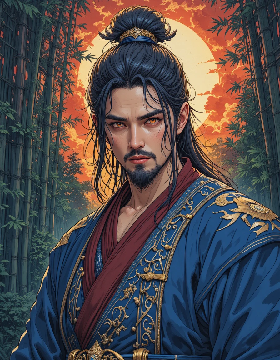 藍袍高貴日本武士立於紅色夕陽下