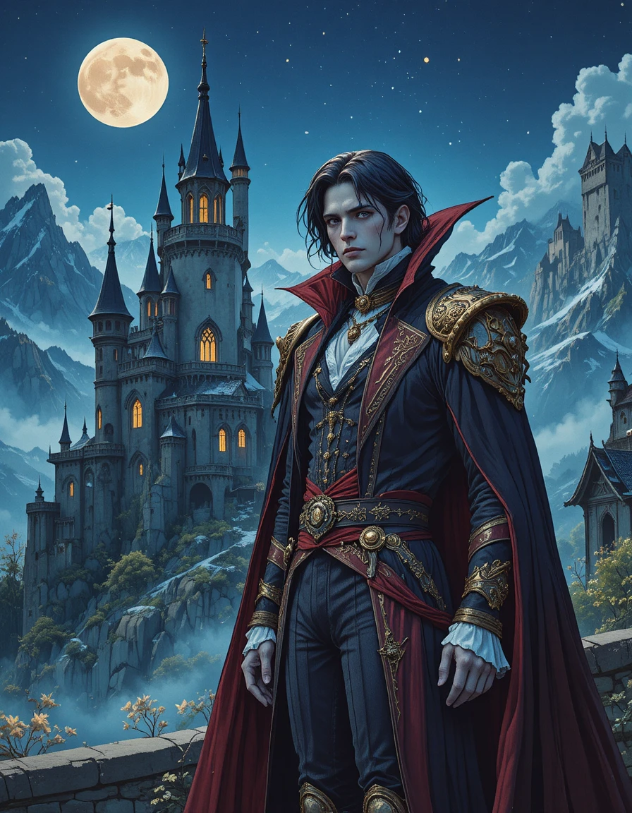 Vampir-Hochlord vor einem mondbeschienenen gotischen Bergschloss
