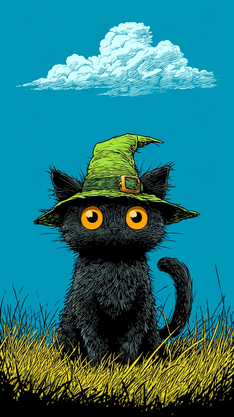 Gatinho preto fofo com chapéu de bruxa em campo gramado iluminado