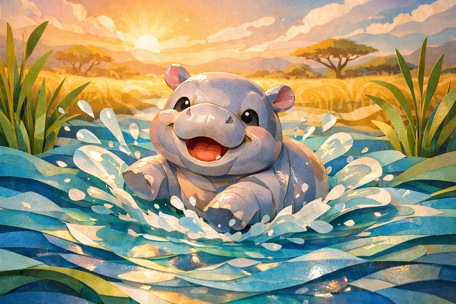Papercraft d’un Bébé Hippopotame Joueur dans une Scène de Rivière Peu Profonde