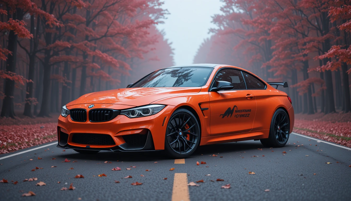 柔らかな霧の森道を走るネオンオレンジのBMW M4