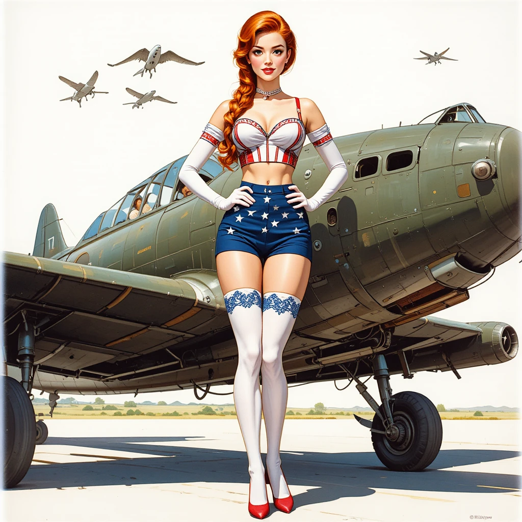 Pelirroja pin up juguetona posando junto a un avión de guerra vintage
