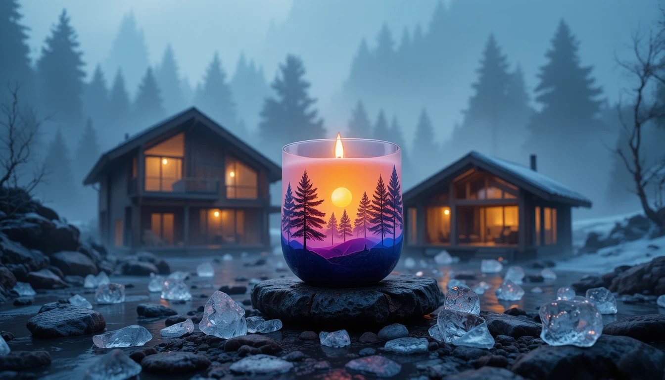 Surreal candle with cosmic landscape glowing in the dark