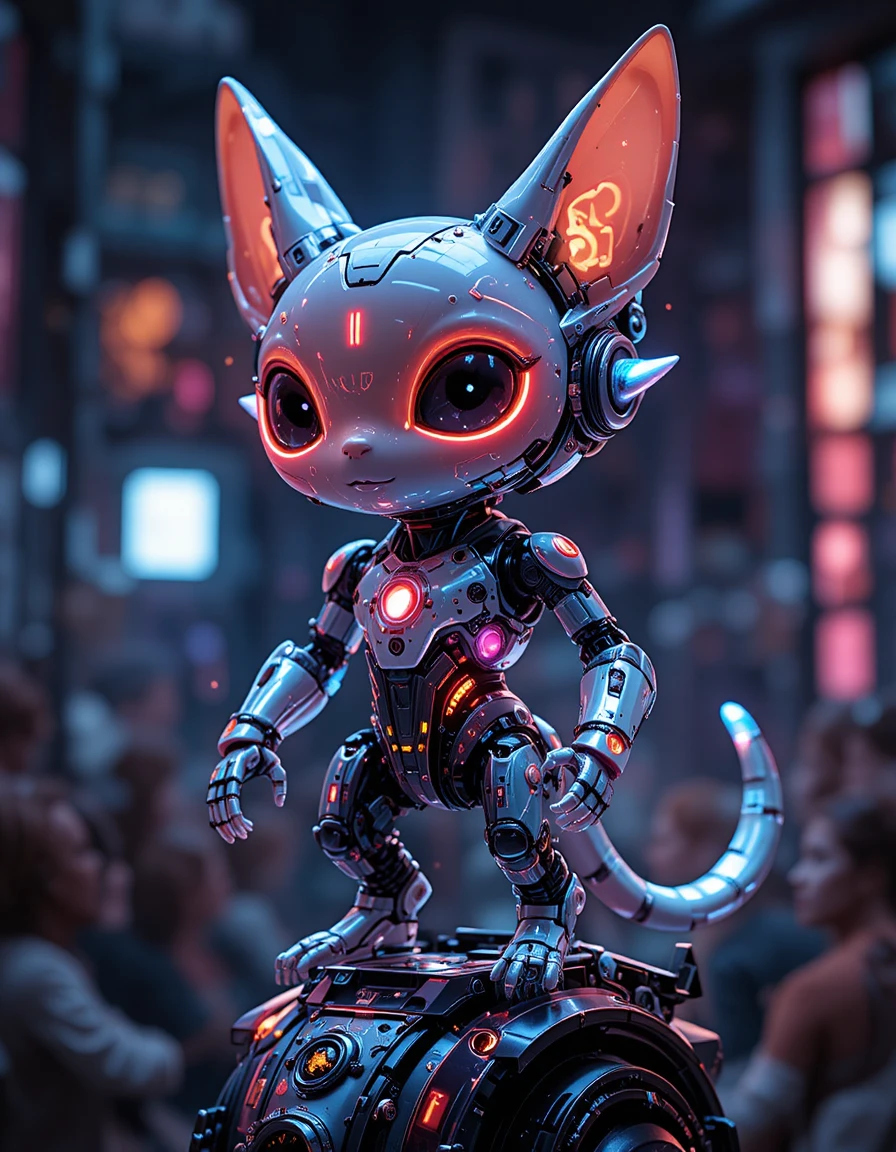 Futuristische neonfarbene Roboterkreatur mit leuchtenden Augen