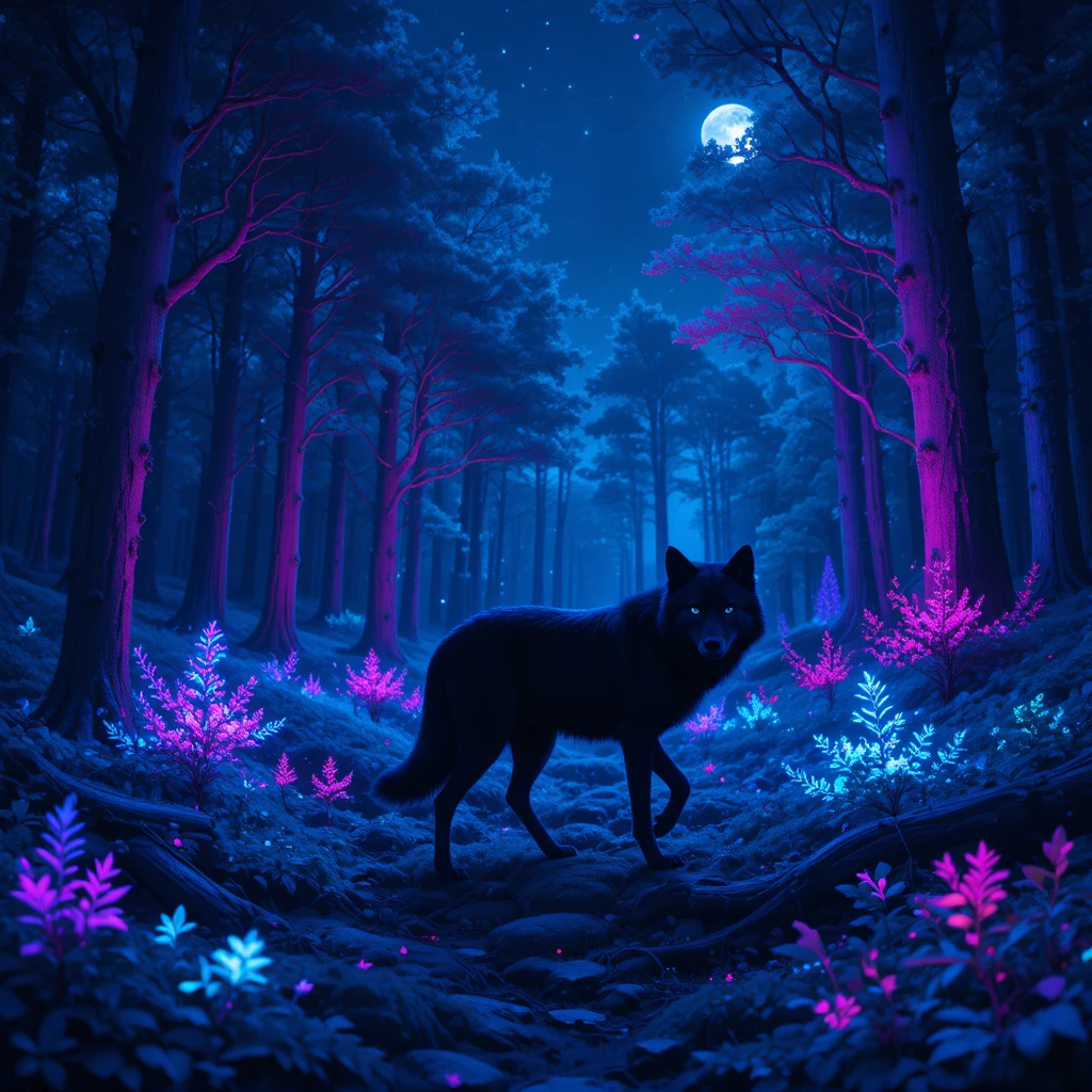 Lobo negro místico em uma floresta bioluminescente brilhante à noite