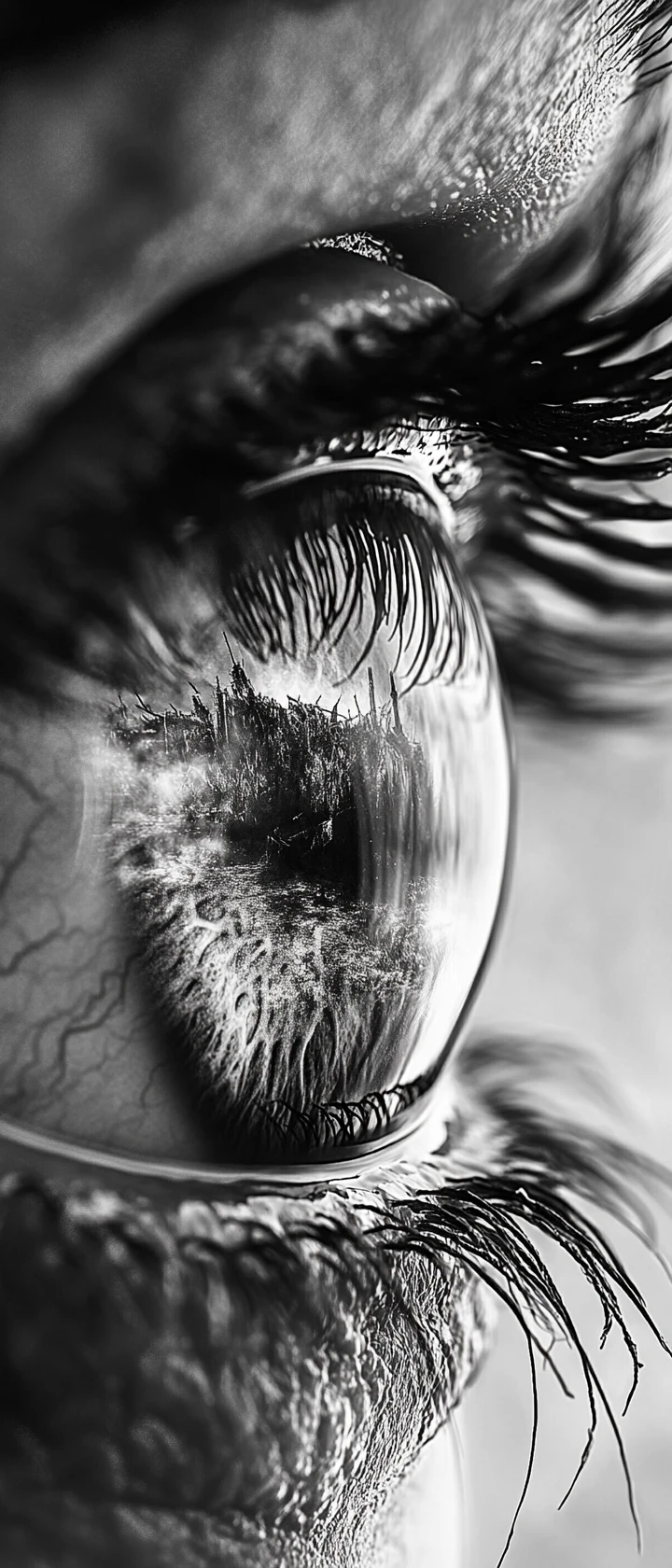 Primerísimo plano de un ojo humano en blanco y negro