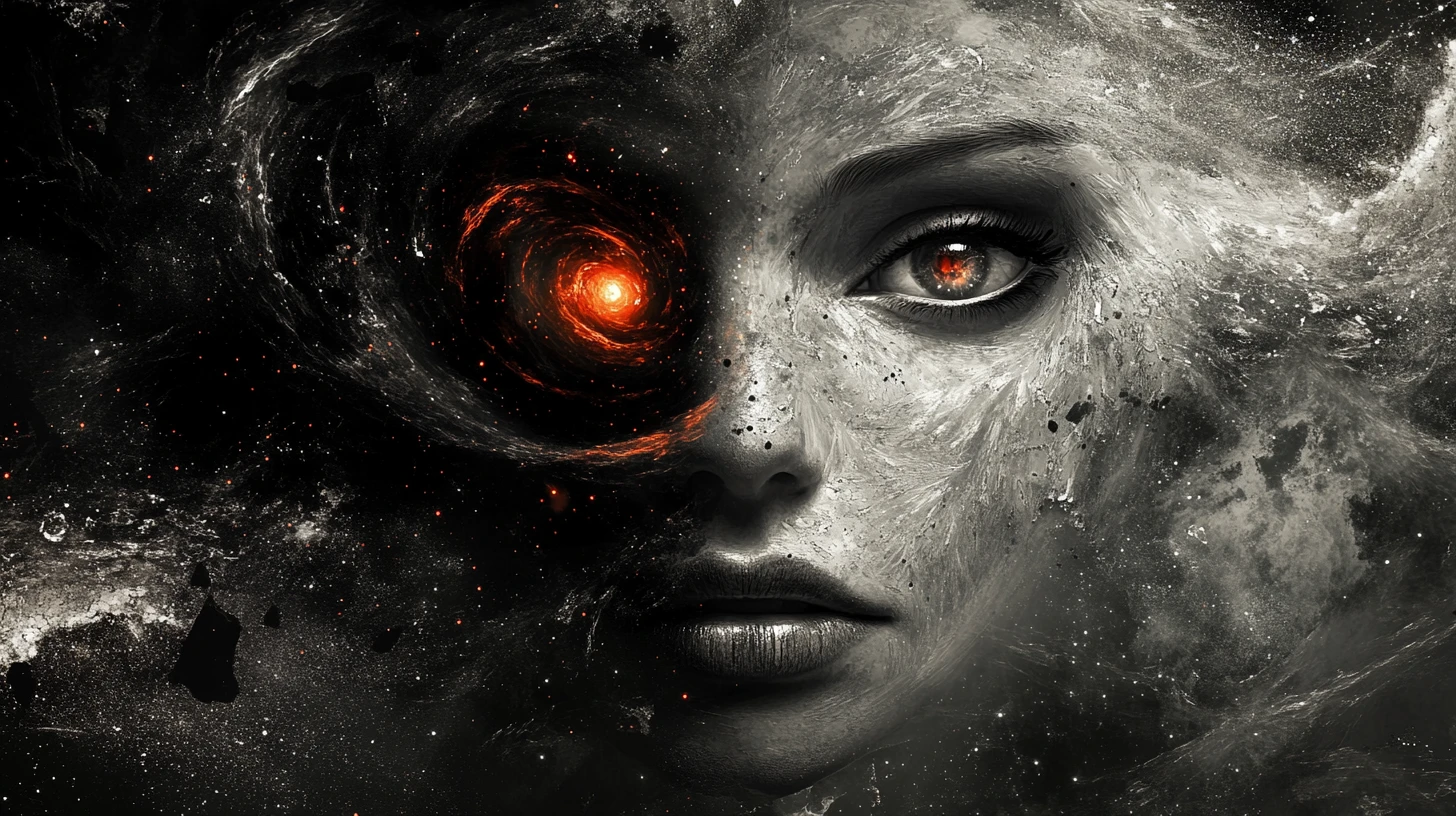 Volto Femminile Surreale che si Dissolve in Polvere e Stelle