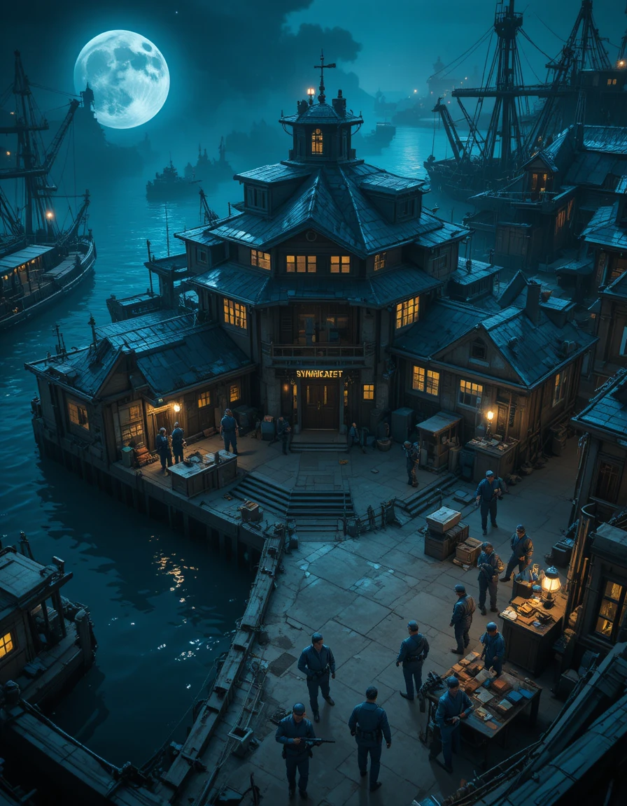 Vue de dessus de gangsters armés gardant des docks au clair de lune