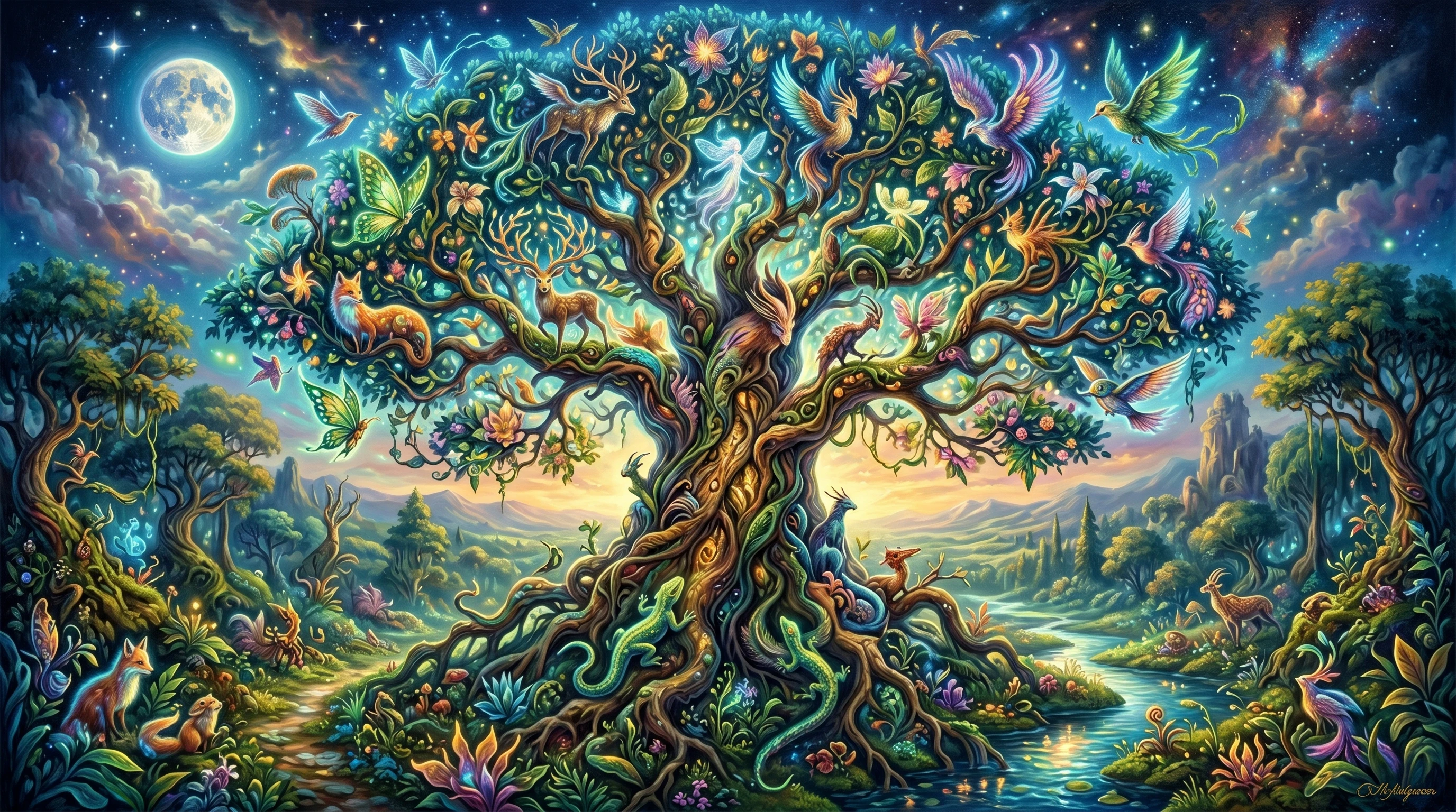 Pintura a óleo surreal de uma majestosa árvore de outro mundo