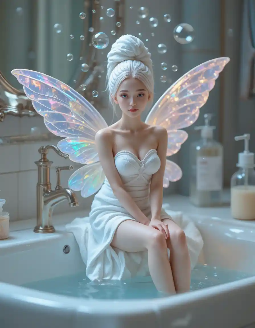 Minuscule femme éthérée ailée près d’un lavabo en porcelaine