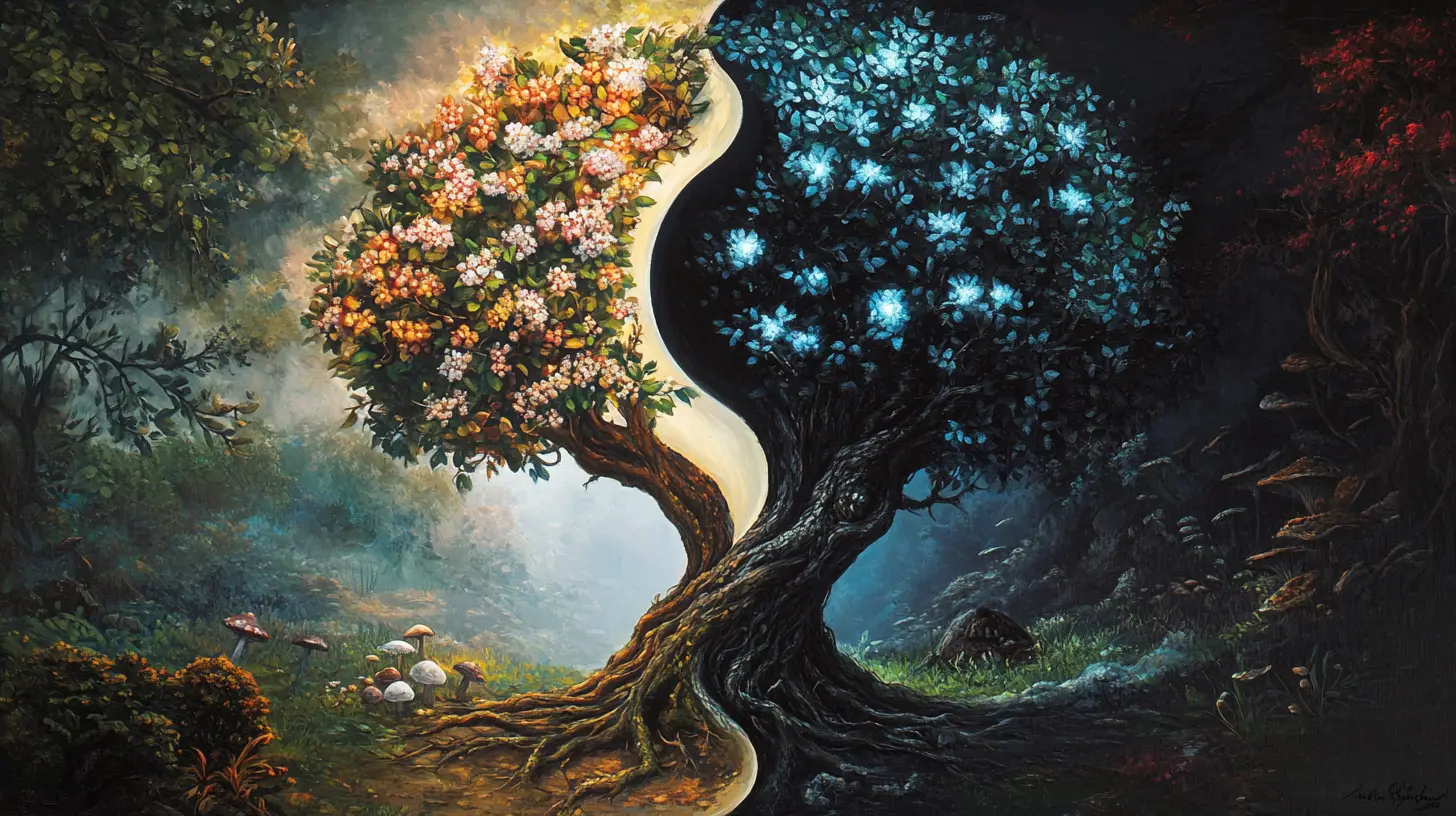 Yin yang trees of life and decay with glowing details