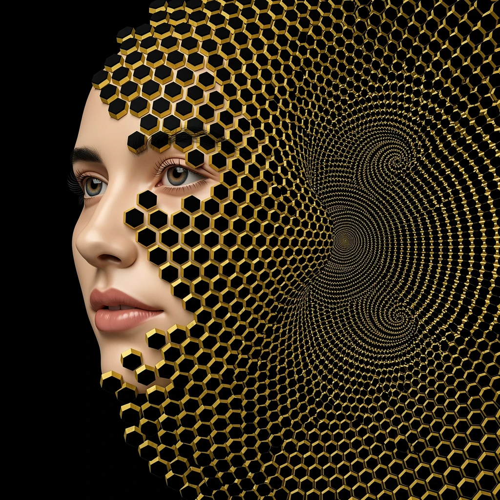 Rosto humano se dissolvendo em grade de op art hexagonal