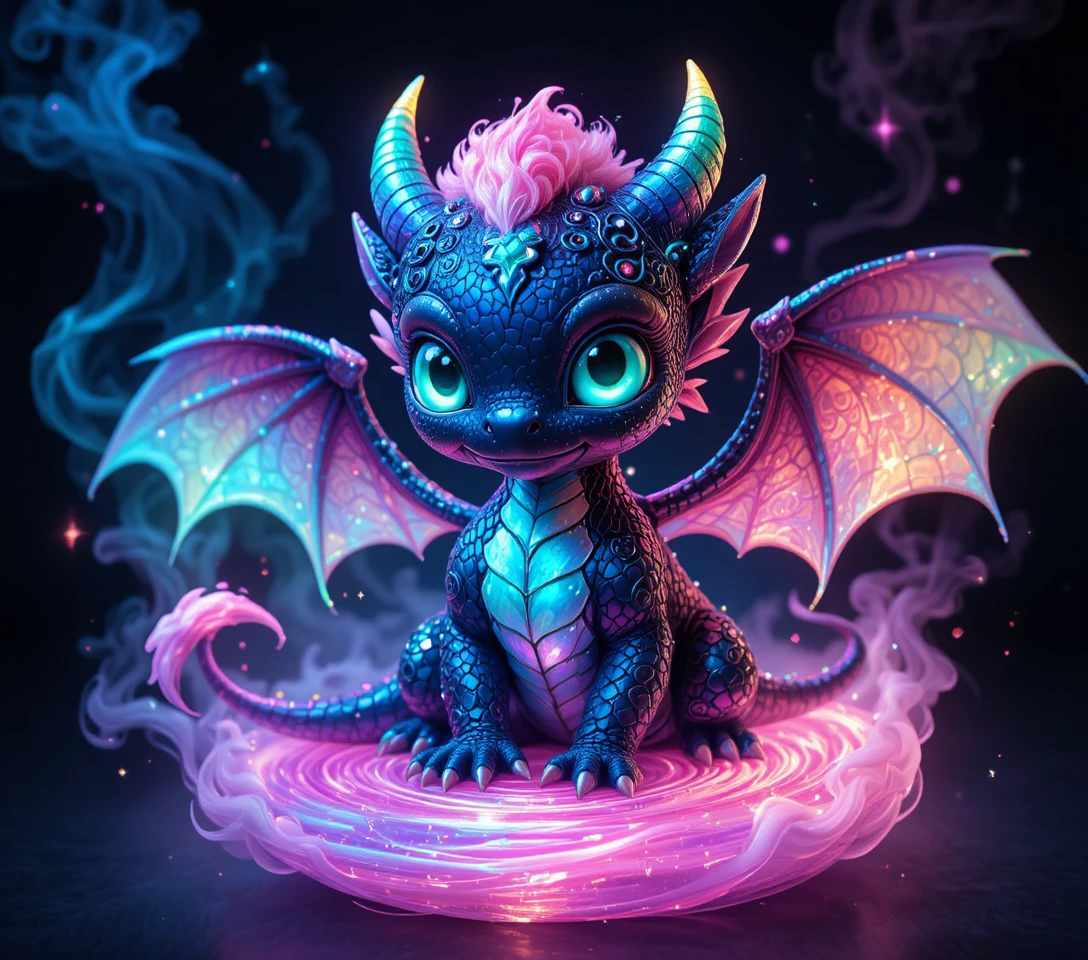 Niedliches Babydrache auf leuchtender, magisch wirbelnder Basis