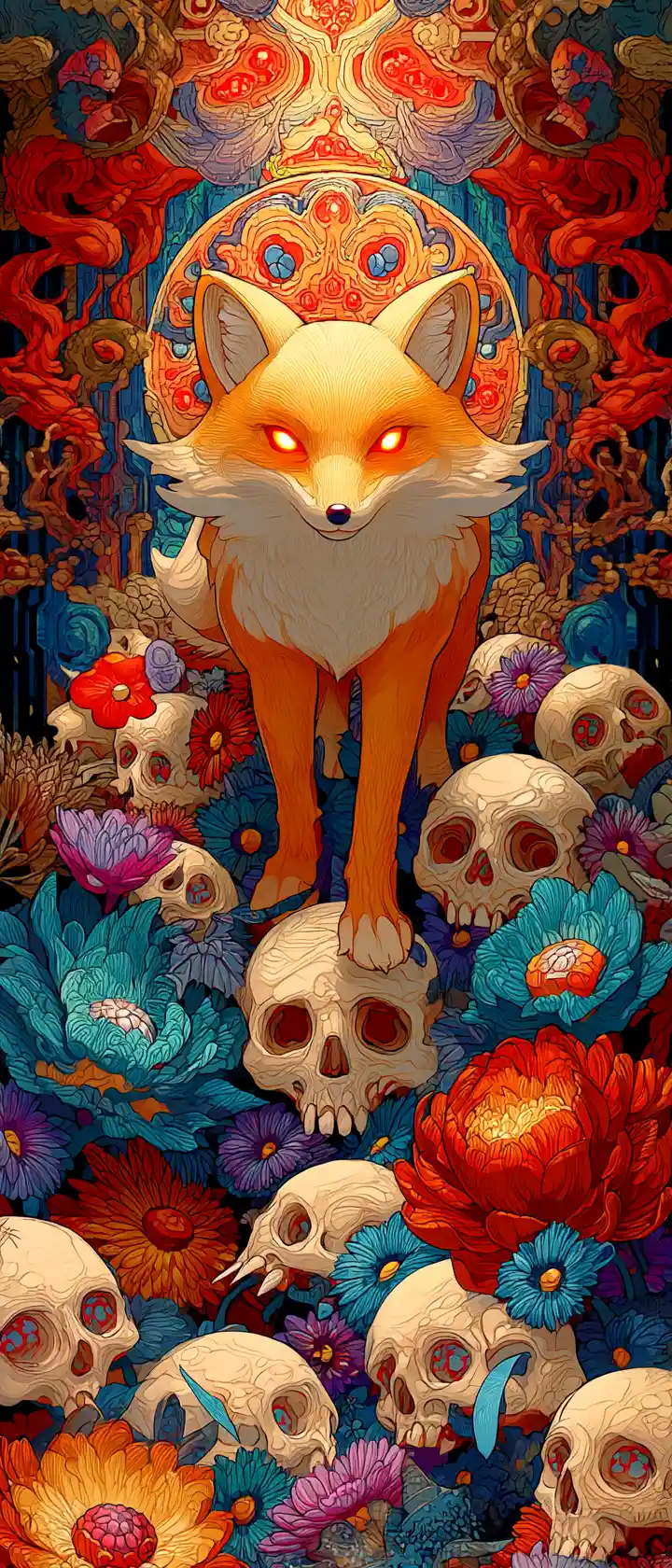 Mystical anime fox spirit stepping from floral skull portal