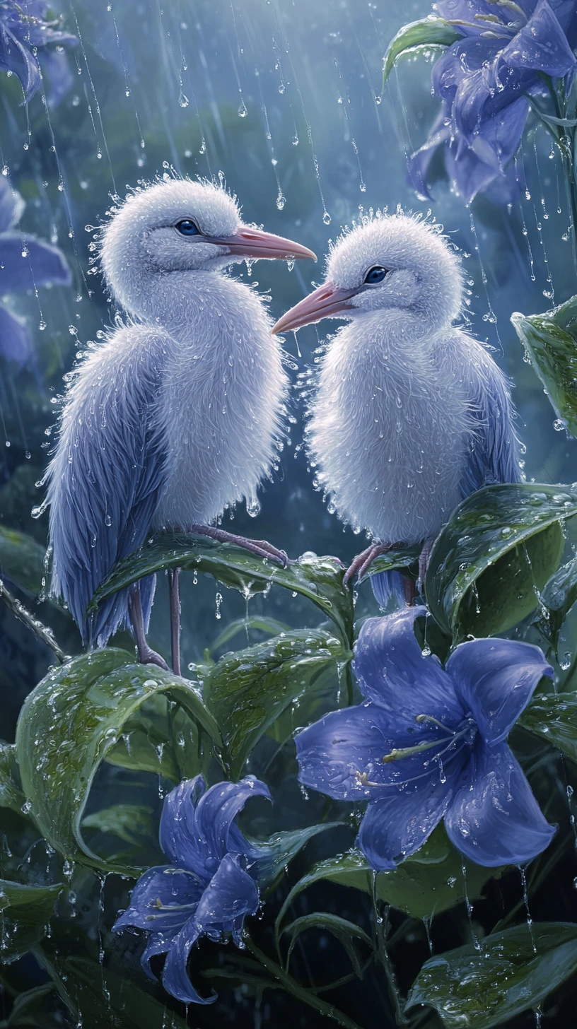 Dois filhotes de cegonha entre flores de bluebell na chuva suave
