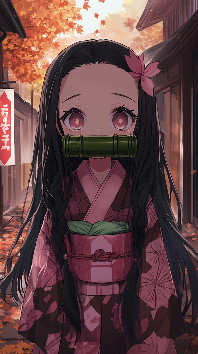Chibi girl in pink kimono on a glowing autumn street