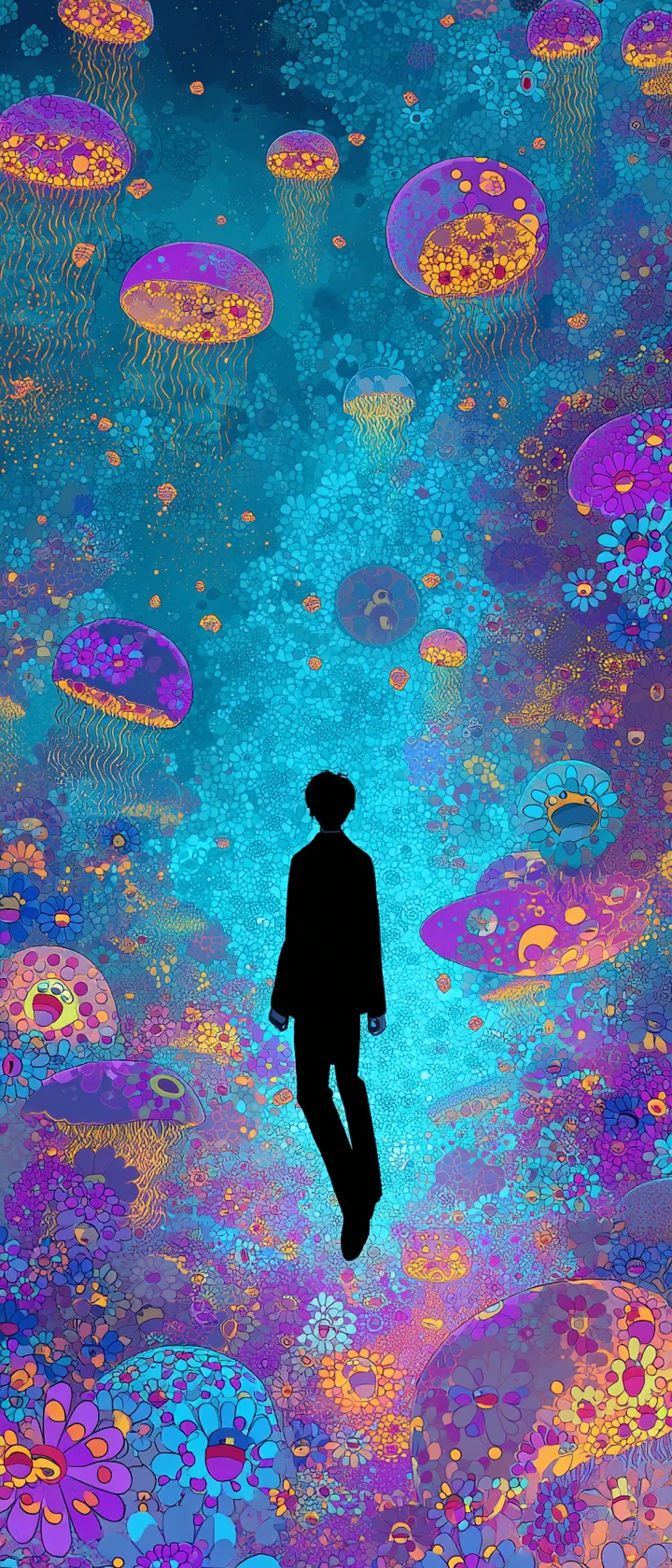 Chico de anime sereno flotando en un mar cósmico de medusas brillantes