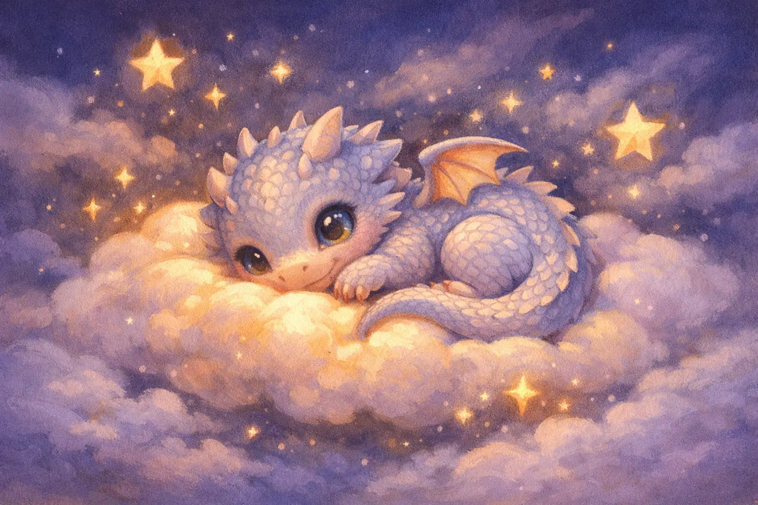 Winziger Babydrache, zusammengerollt auf einem leuchtenden Wolkenkissen