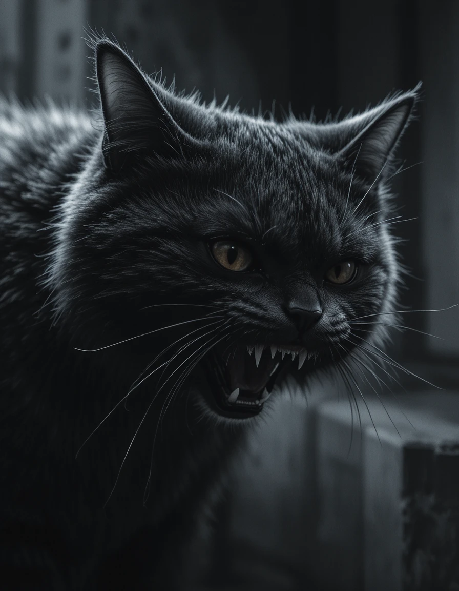 Close-up monocromático de um gato ameaçador em luz dramática