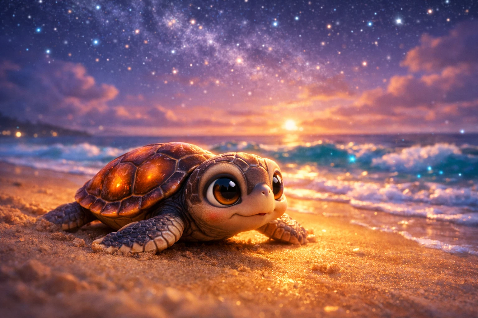 Tortuguita marina bebé arrastrándose sobre arena dorada al atardecer