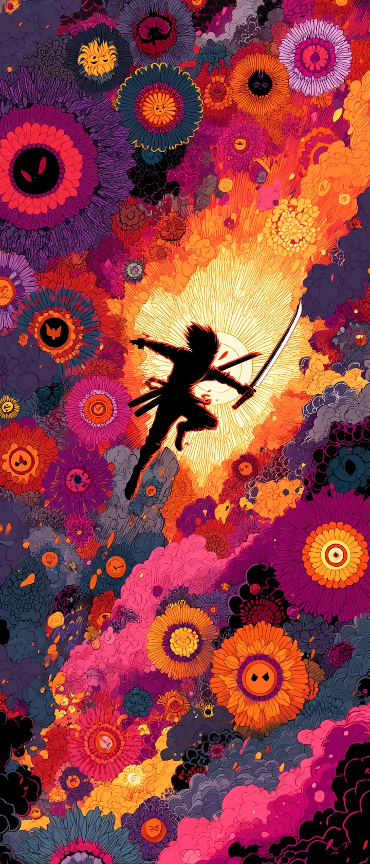 Samurai de anime salta para fatiar monstros florais gigantes sorridentes