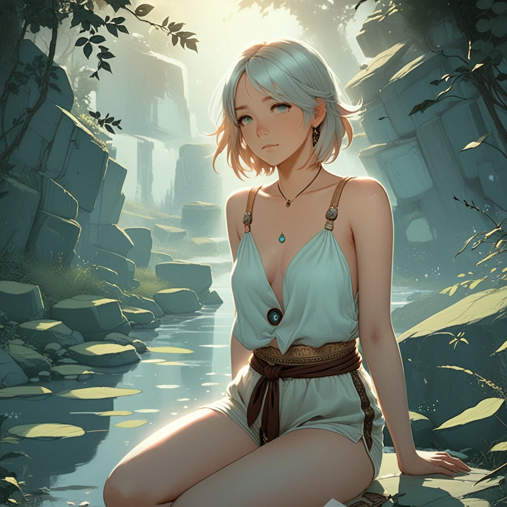 Donna bionda in ginocchio in un morbido paesaggio estivo in stile anime