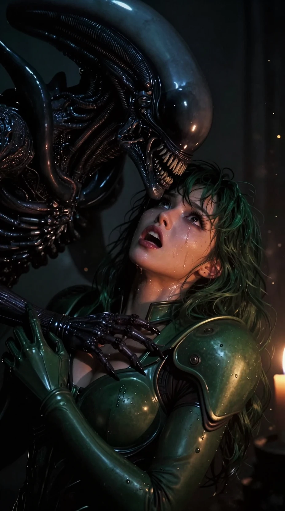 Verängstigte Kriegerin steht einem lauernden Alien im Schatten gegenüber