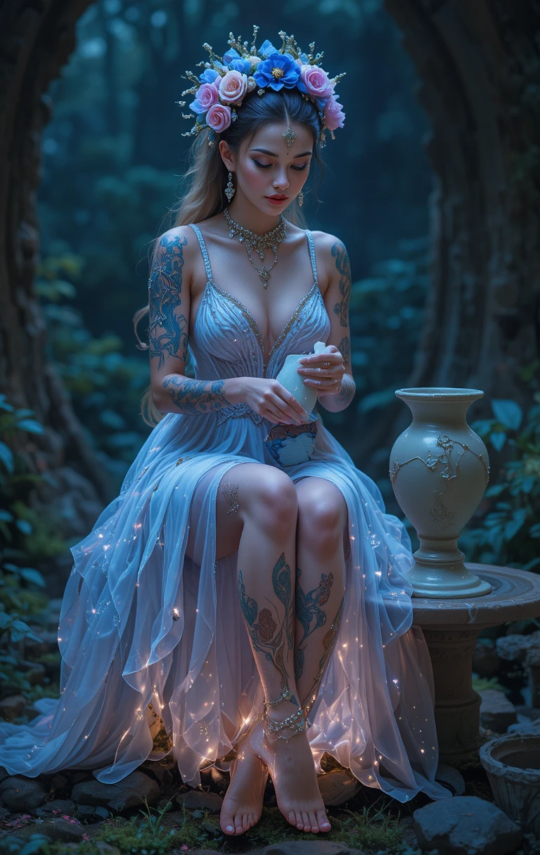 Tattooed fairy woman shaping clay on a glowing toadstool