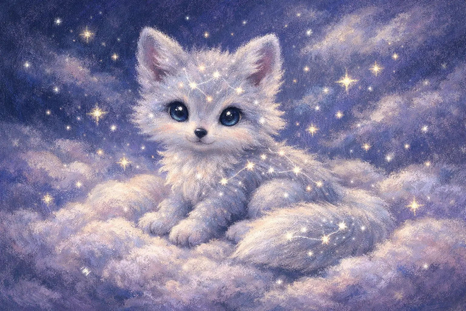Baby star fox sitting on a cloud with glowing stars