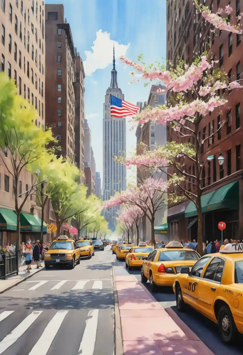 Strada di città primaverile con fiori e taxi gialli