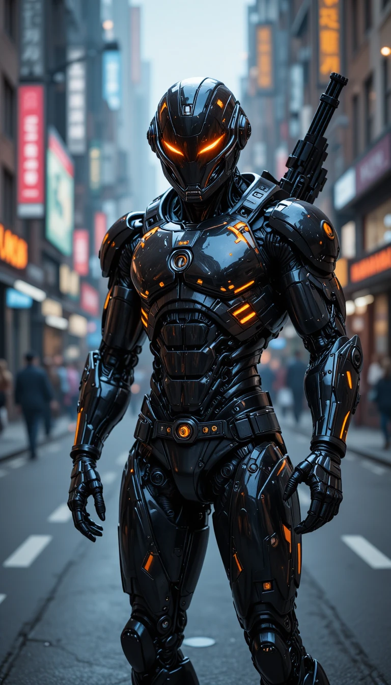 Robô humanóide futurista em uma rua da cidade iluminada por néon