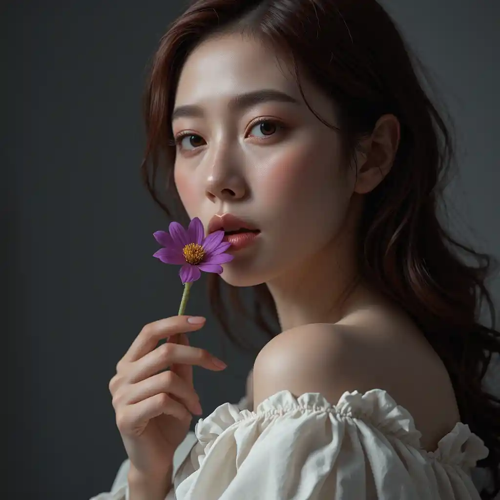 Ritratto di matricola coreana con capelli bordeaux e fiore viola