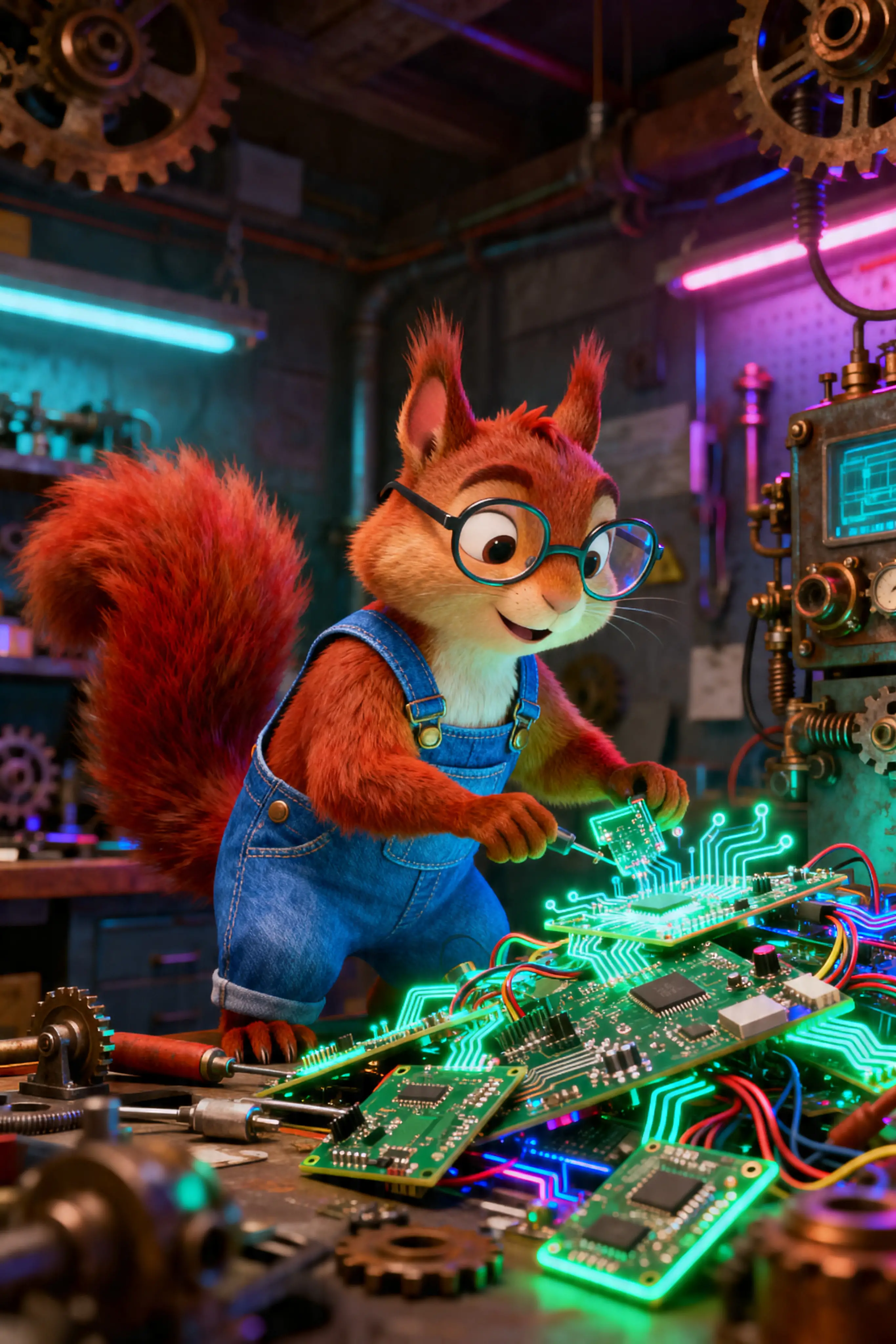 Anthropomorpher Eichhörnchen-Ingenieur in Neon-Schaltkreis-Werkstatt
