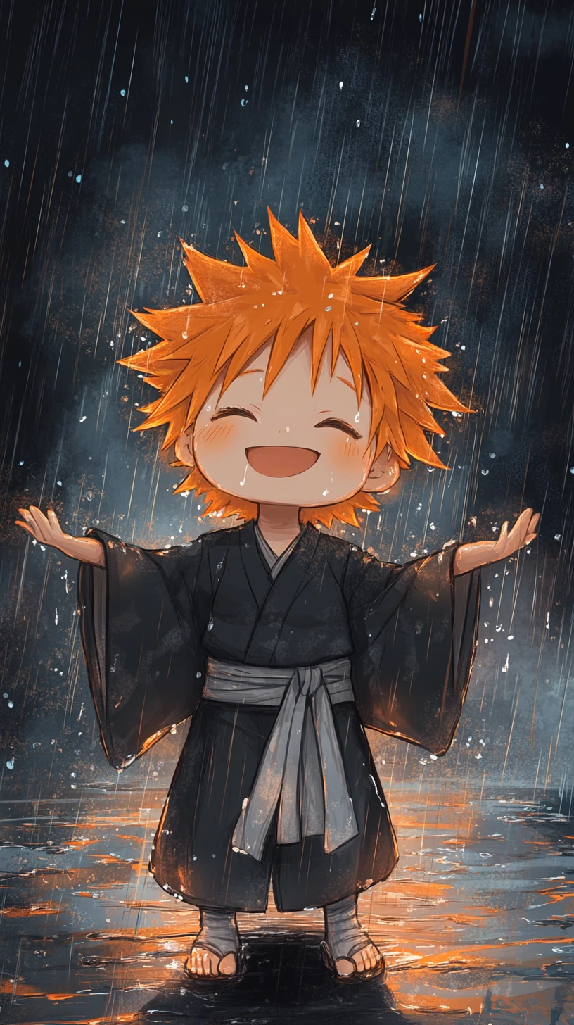 Garçon chibi joyeux sous une pluie battante avec lumière éclatante