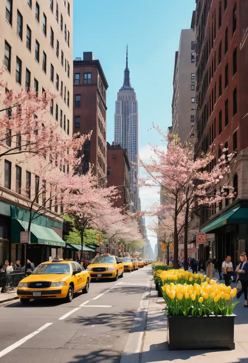 Springtime street scene in New York city with blossoms