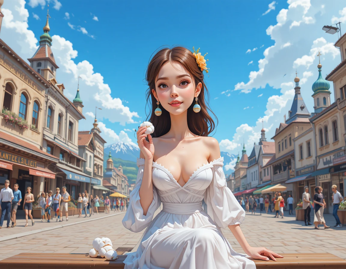 Anime brunette woman on bench at summer amusement park