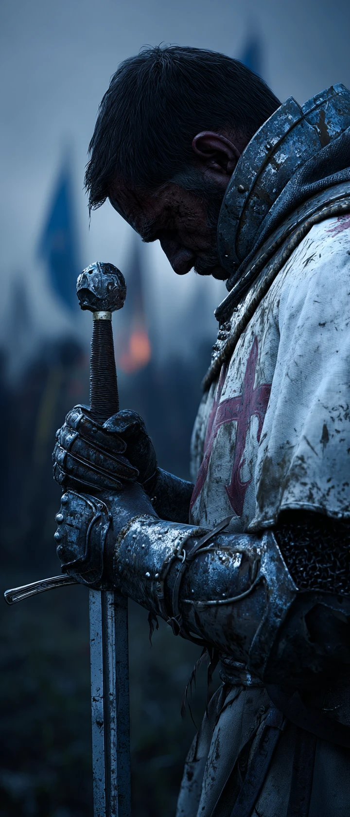 Battle weary templar knight on a misty dusk battlefield
