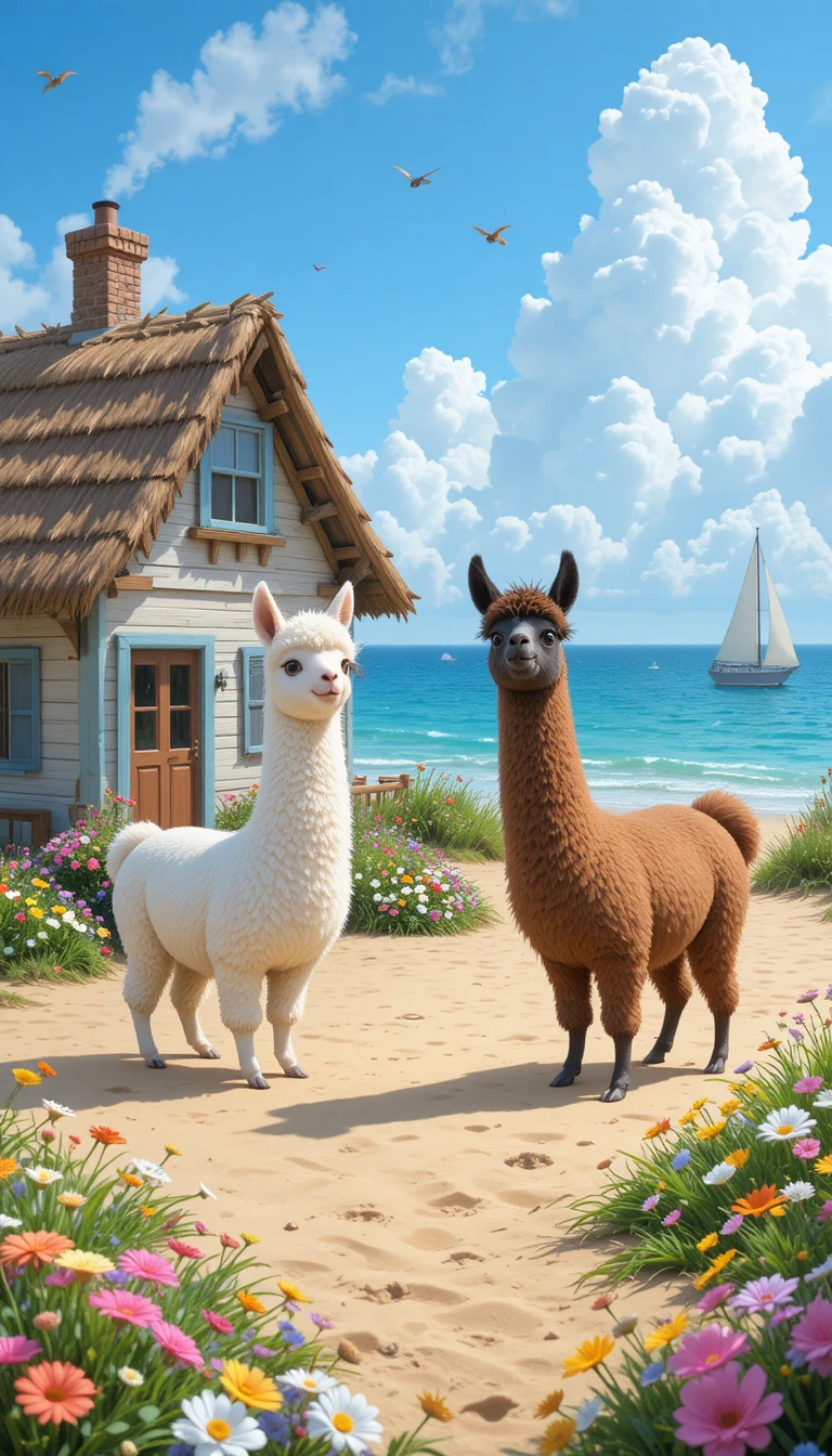 Tre alpaca giocherelloni accanto a una casa sulla spiaggia