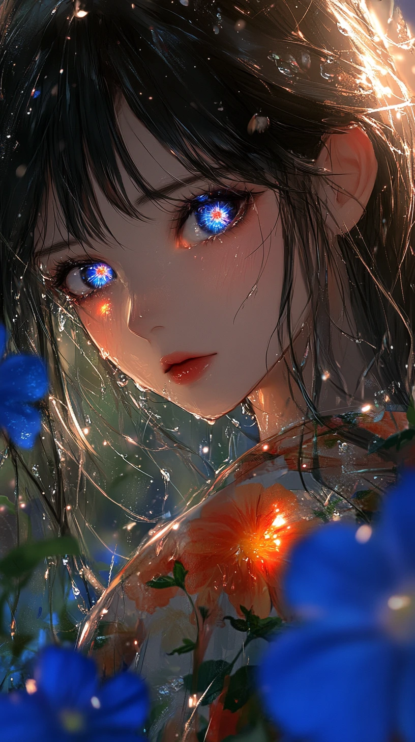 Anime girl in kimono with glowing galaxy eyes