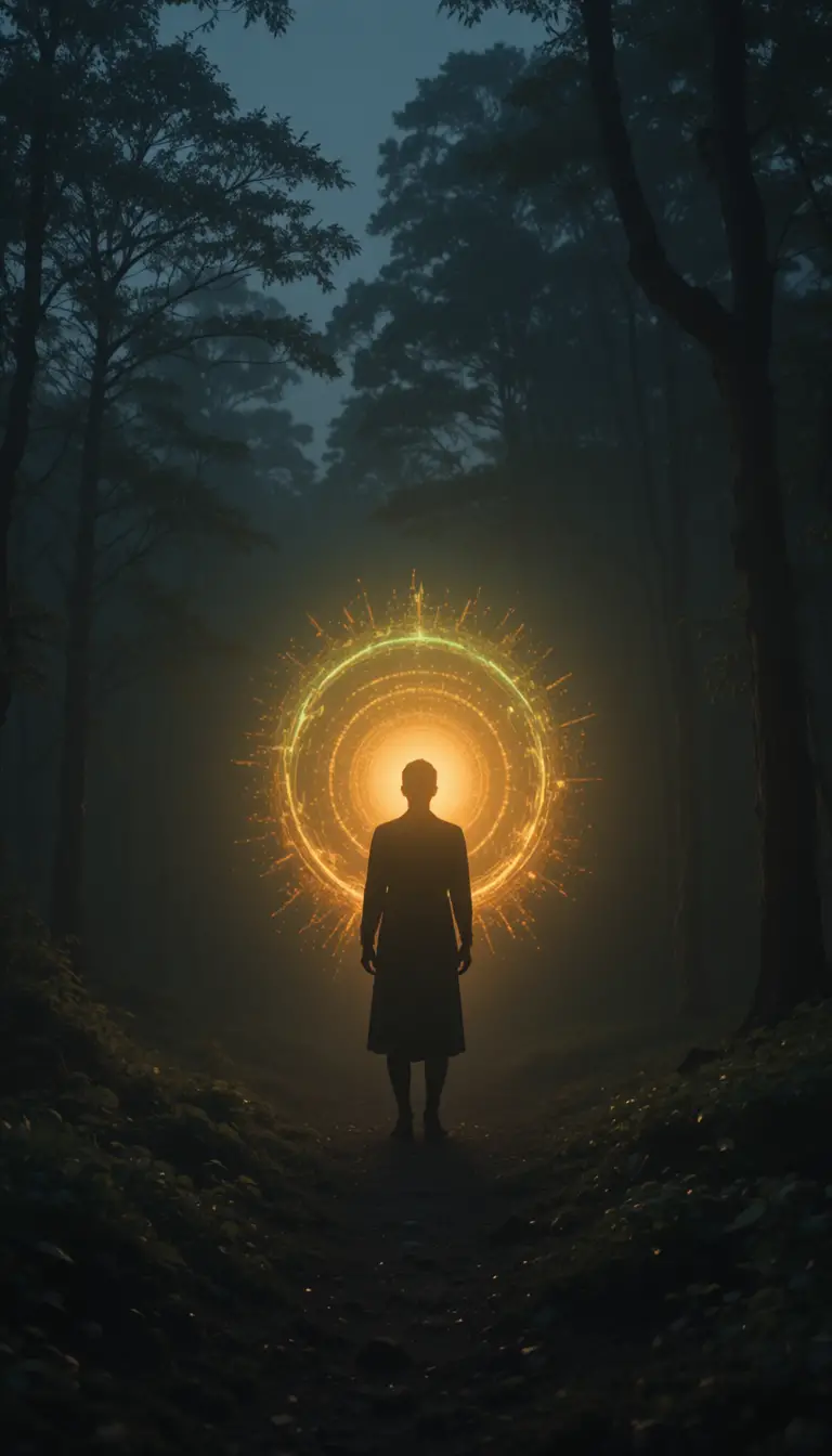 Silhouettengestalt mit leuchtender Aura im Dämmerwald
