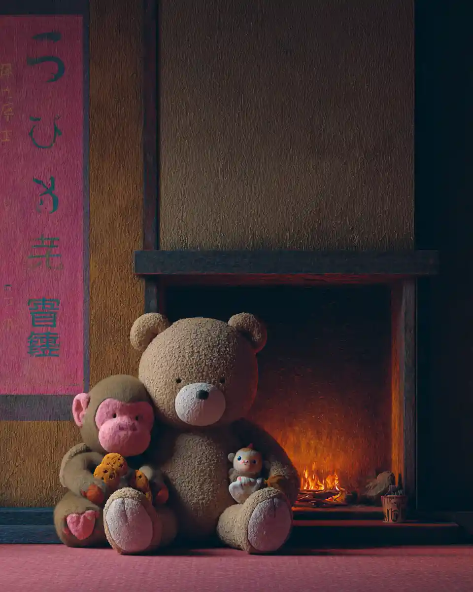 Cute teddy bear and plush monkey by the fireplace