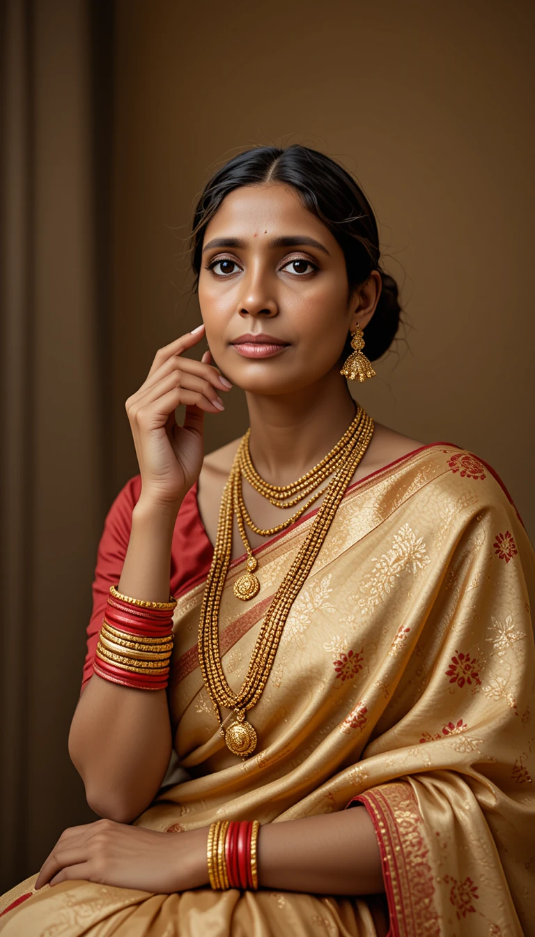 Elegante mulher sul-asiática em sari dourado com sindur e joias