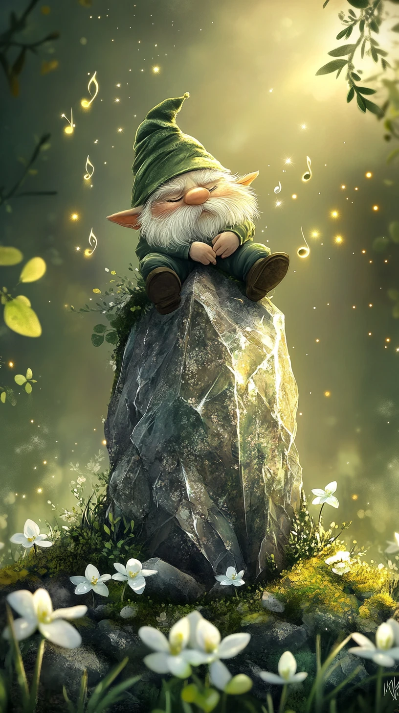 Gnome de forêt féerique sur rocher de cristal lumineux