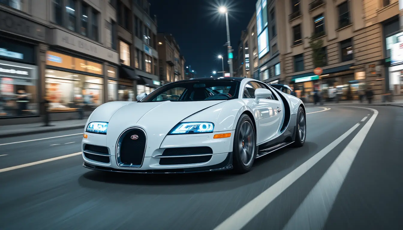 White sports car racing through a city street at night