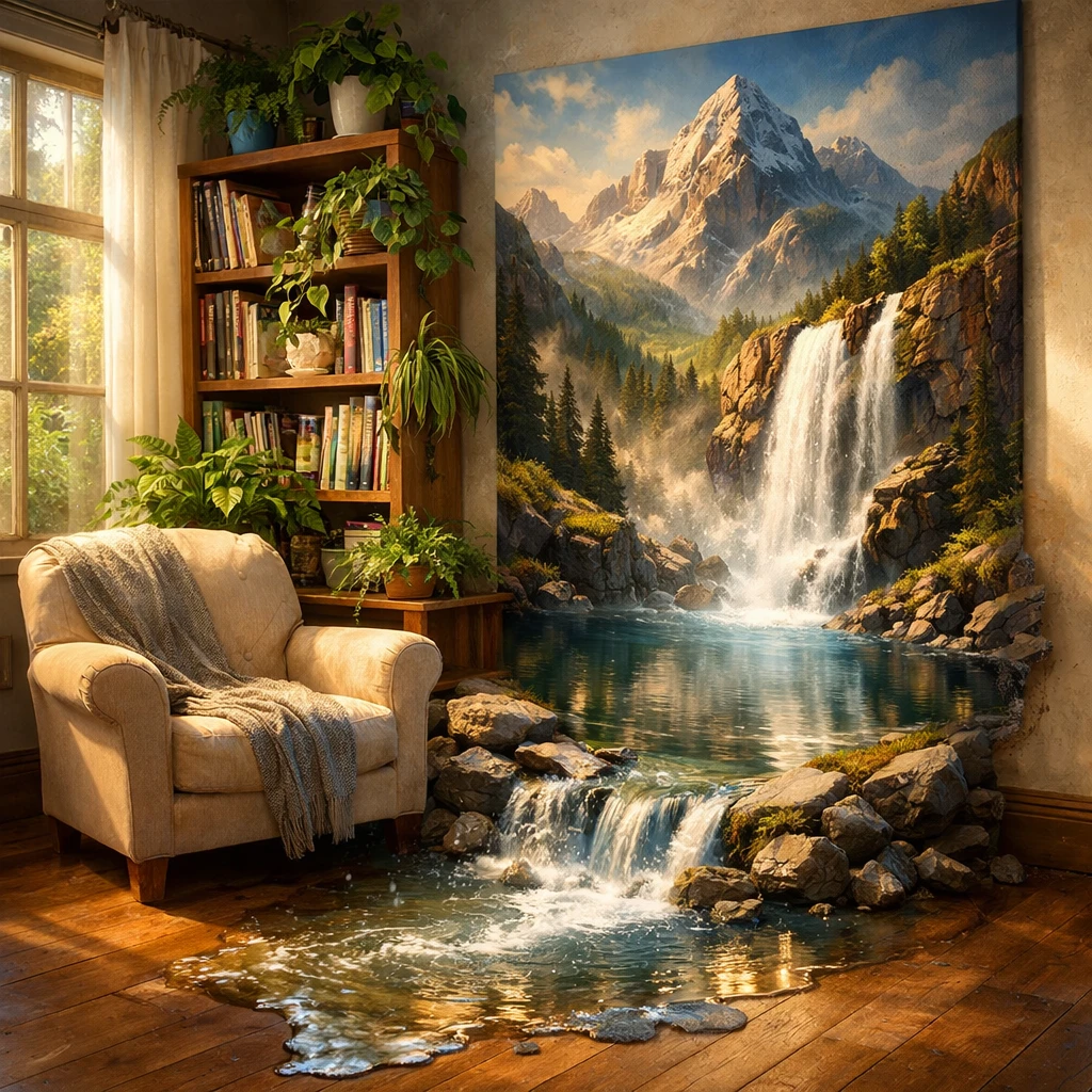 Cozy study room with armchair and sunlit bookcase
