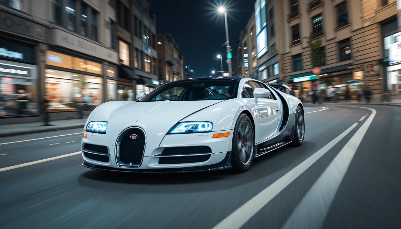 White sports car racing through a city street at night