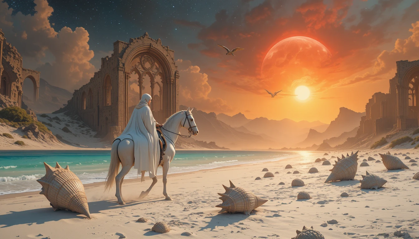 Caballero de cabello blanco entre arcos góticos en ruinas al atardecer