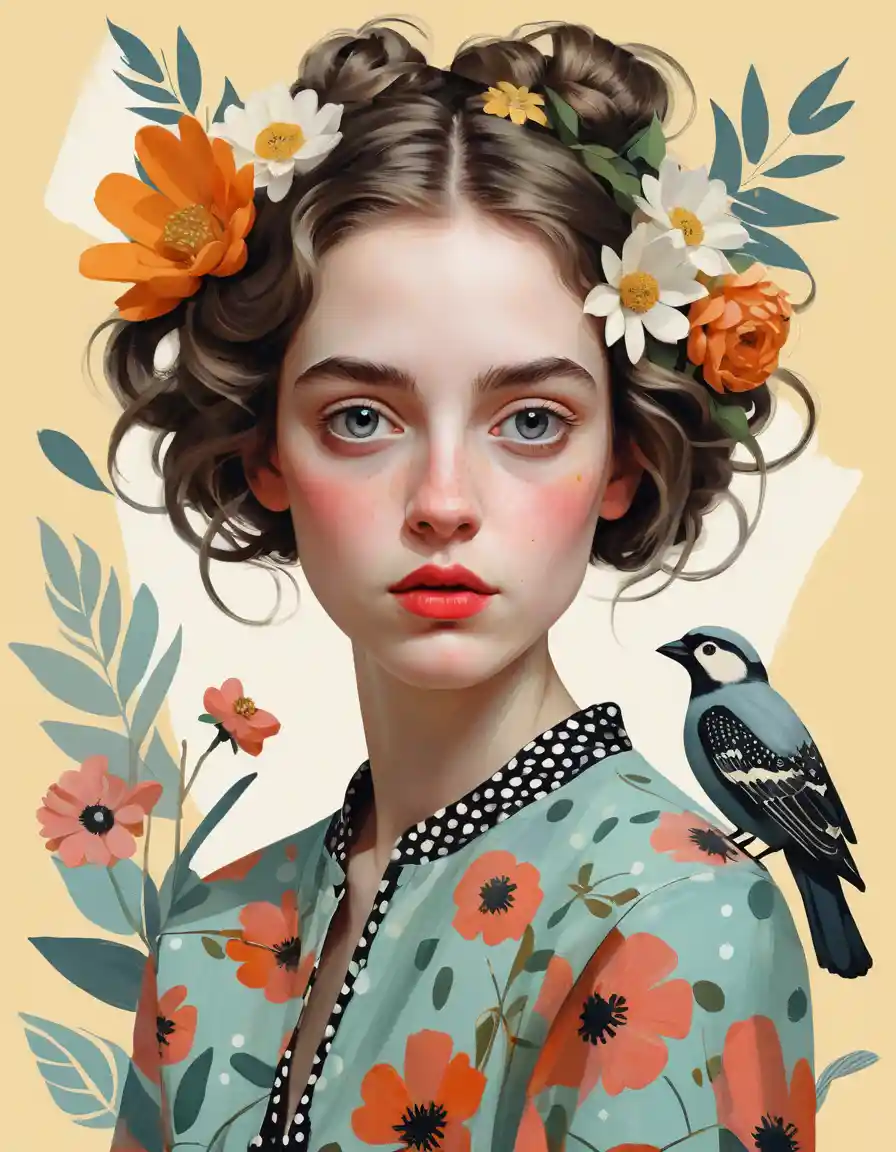 Whimsical portrait of a woman in bold polka dot fashion